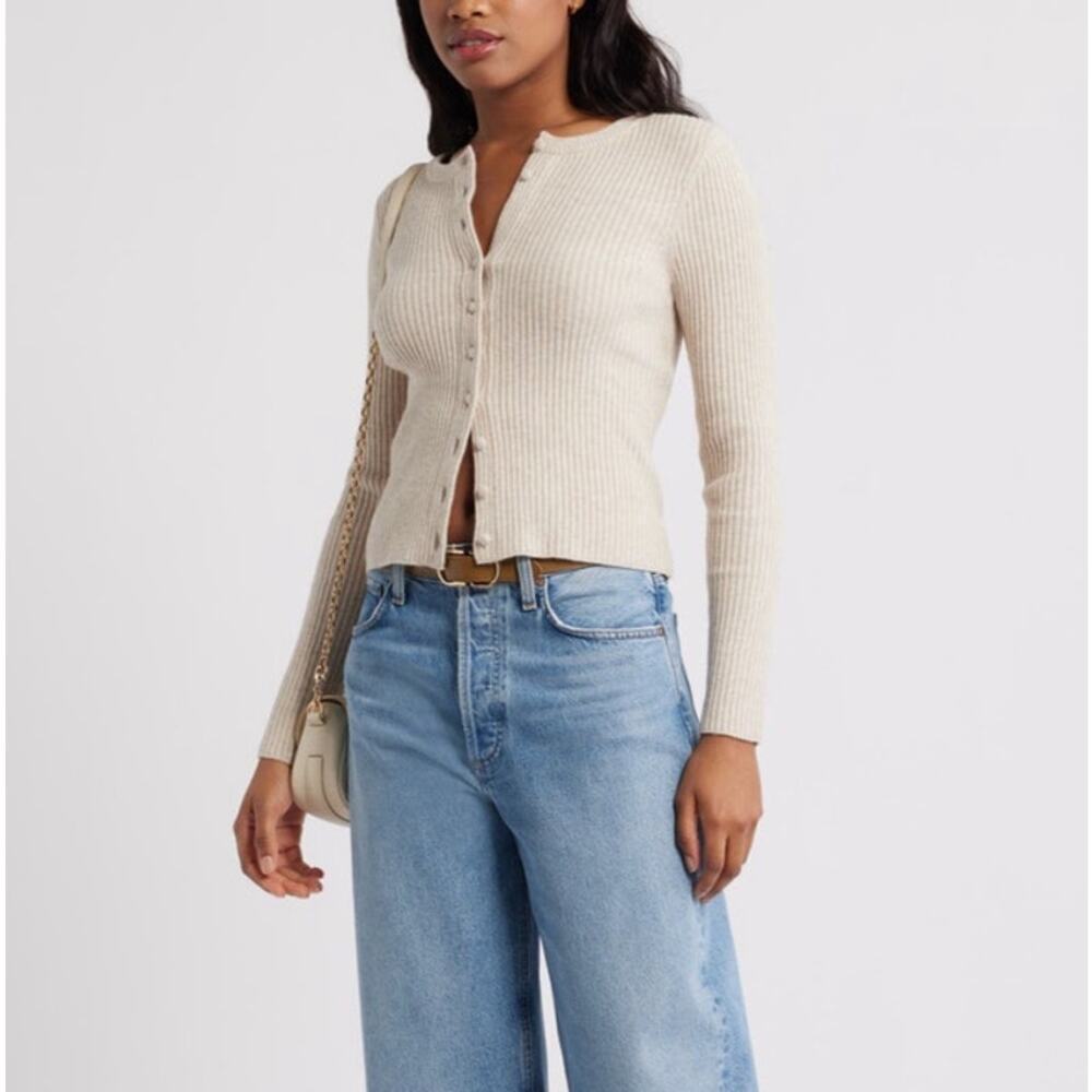 Active USA ribbed knit button down crew beige basic cardigan NWT sz M-L